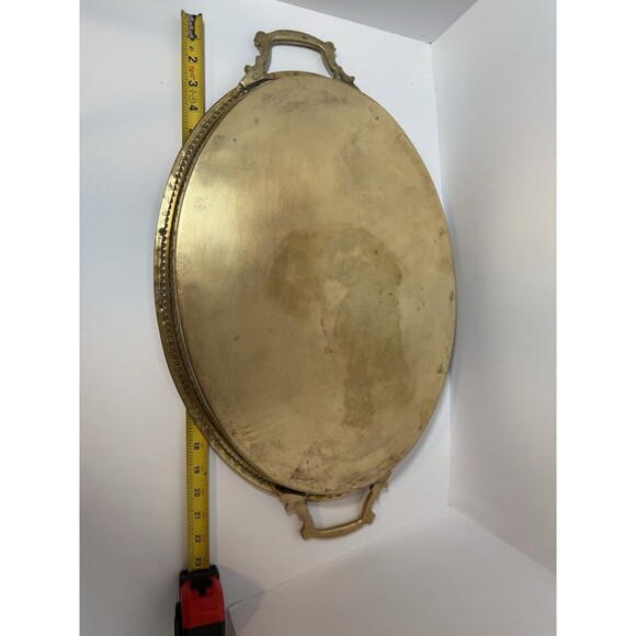 Large‎ Brass Platter 23” Hand Etched. Reticulated Trim W/ Intricate Handles VTG - Picture 5 of 6